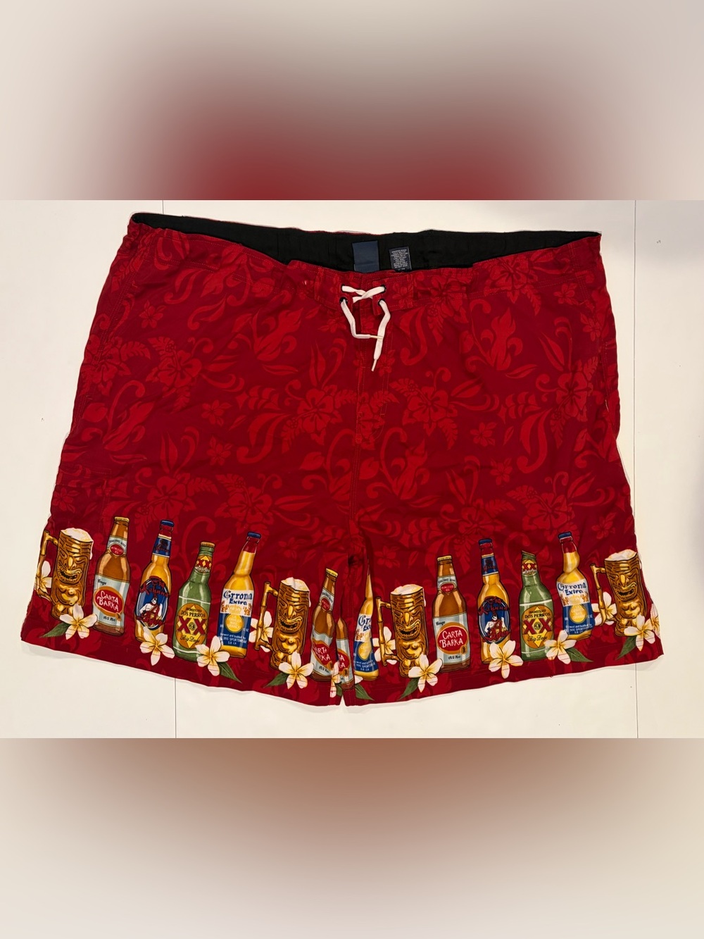 Vintage Big Dogs 3X Swim Shorts Red Tiki Hawaiian Parody Beer Party Boardshorts